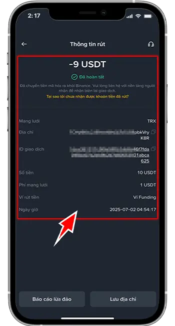Bước 4: Hóa đơn chuyển USDT chi tiết